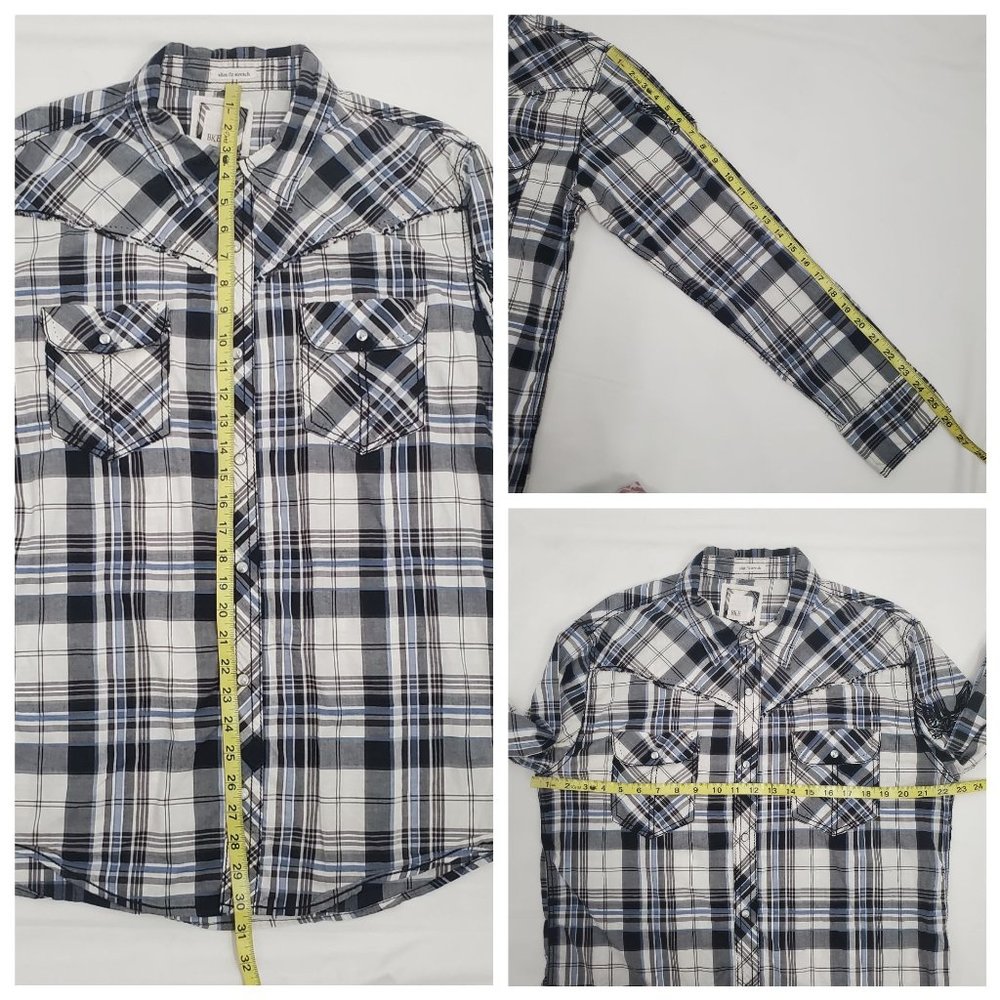 BKE Men's Slim Fit Stretch Blue/Gray Plaid Snap Front Long Sleeve Shirt X-Large - Picture 12 of 12